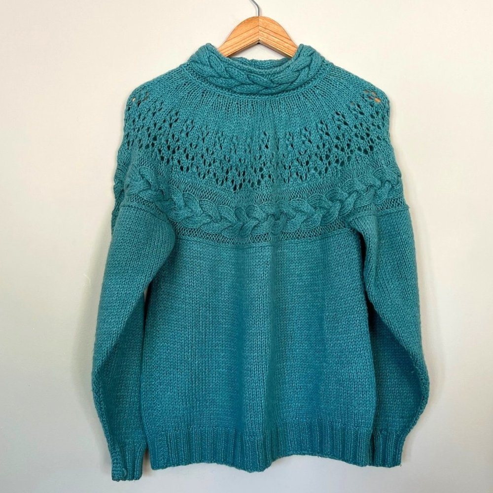 Handmade Knit Sweat Shirt Womens Small Medium Blue Wool Fisherman Ballon Ladies